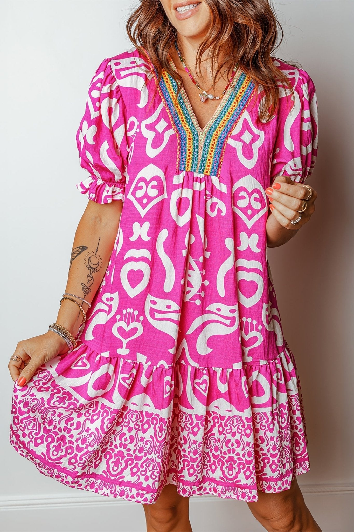 Boho Mixed Print V-Neck Contrast Trim Mini Dress | Zarnesh