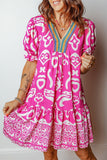 Boho Mixed Print V-Neck Contrast Trim Mini Dress | Zarnesh