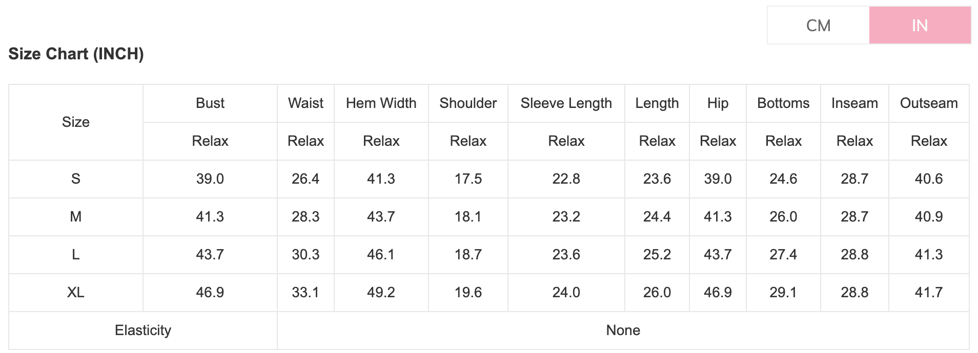 Size chart in inches and centimeters for clothing measurements.