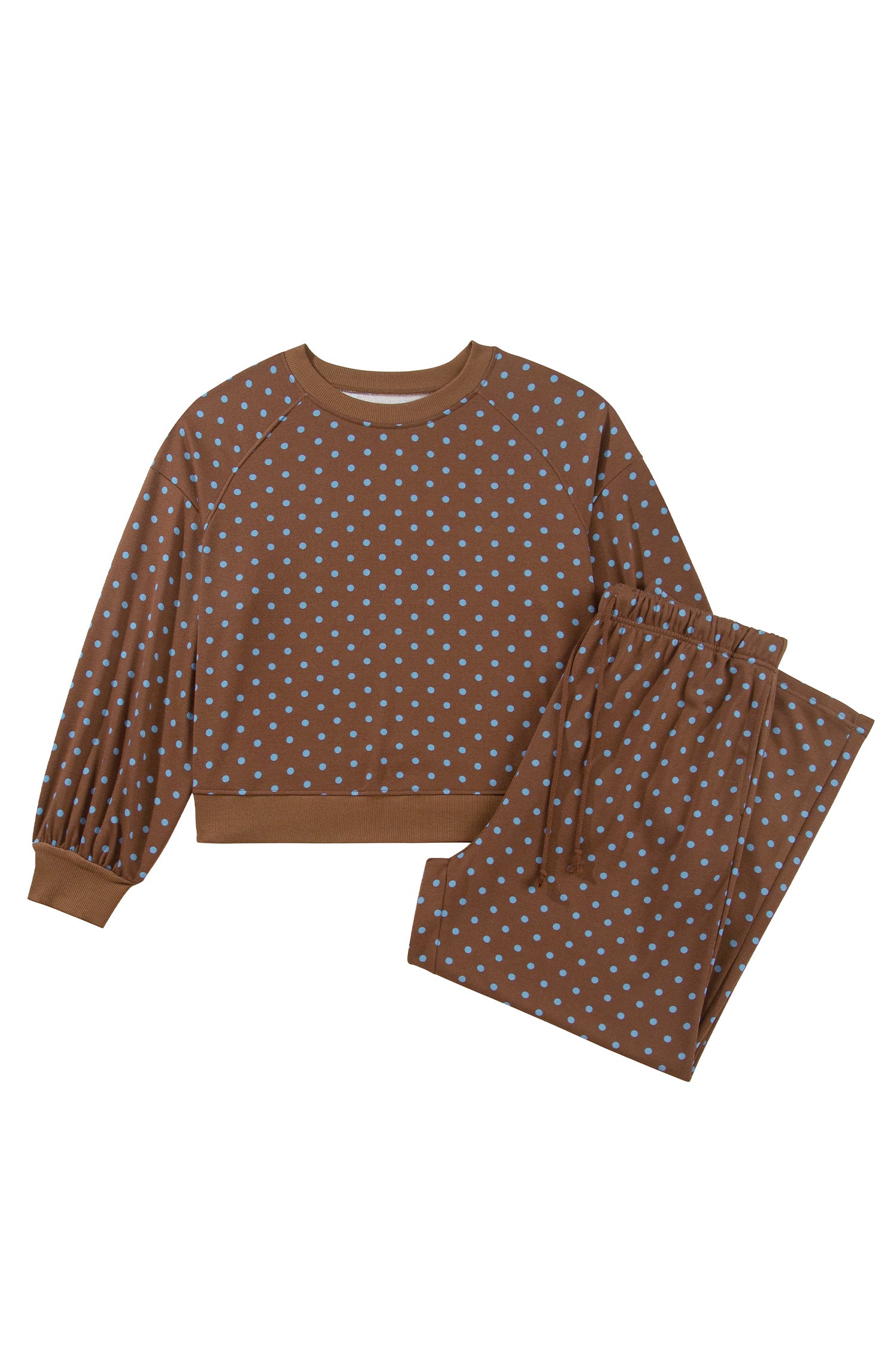 Brown polka dot lounge set with ribbed trim and elastic waist pants