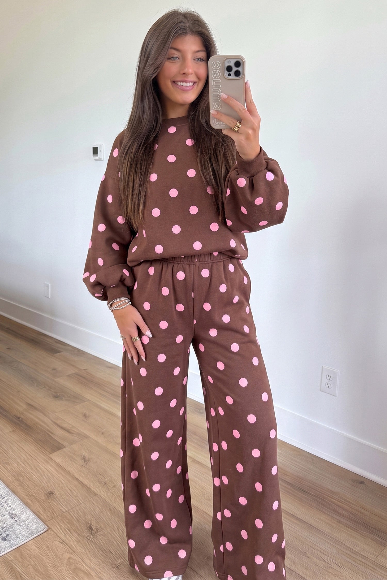Brown sweatshirt and wide leg pants set with pink polka dots and puff sleeves