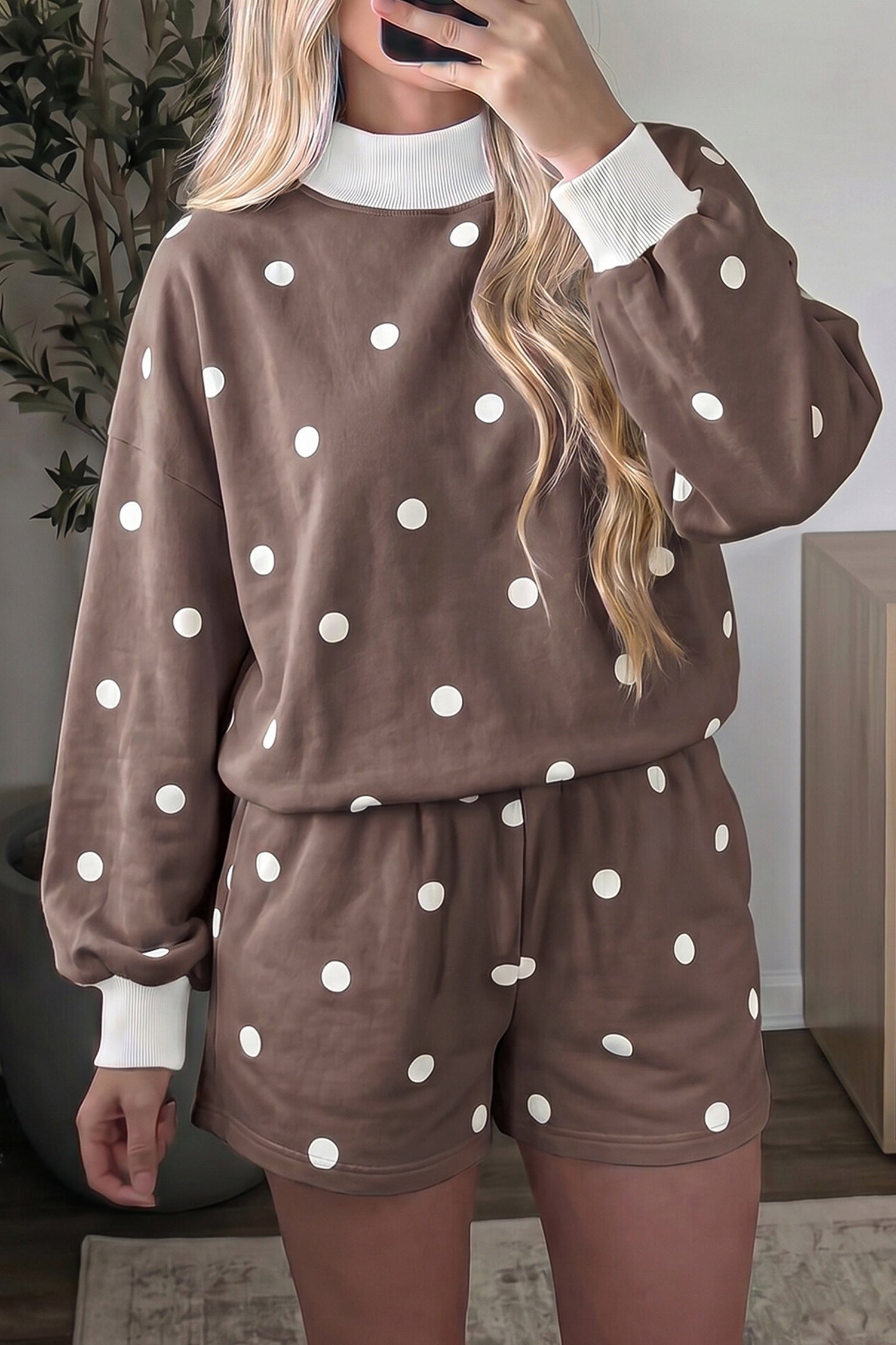 Brown polka dot ribbed trim top and shorts set, front view on model