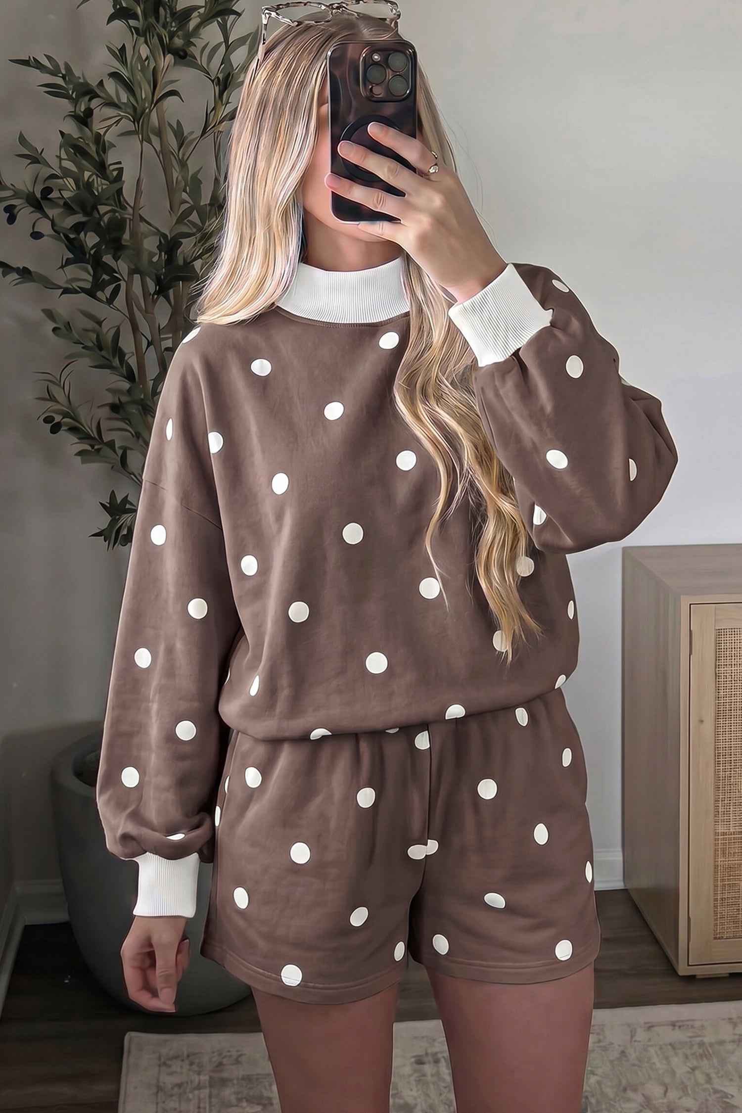 Women's brown polka dot long sleeve top and shorts casual set