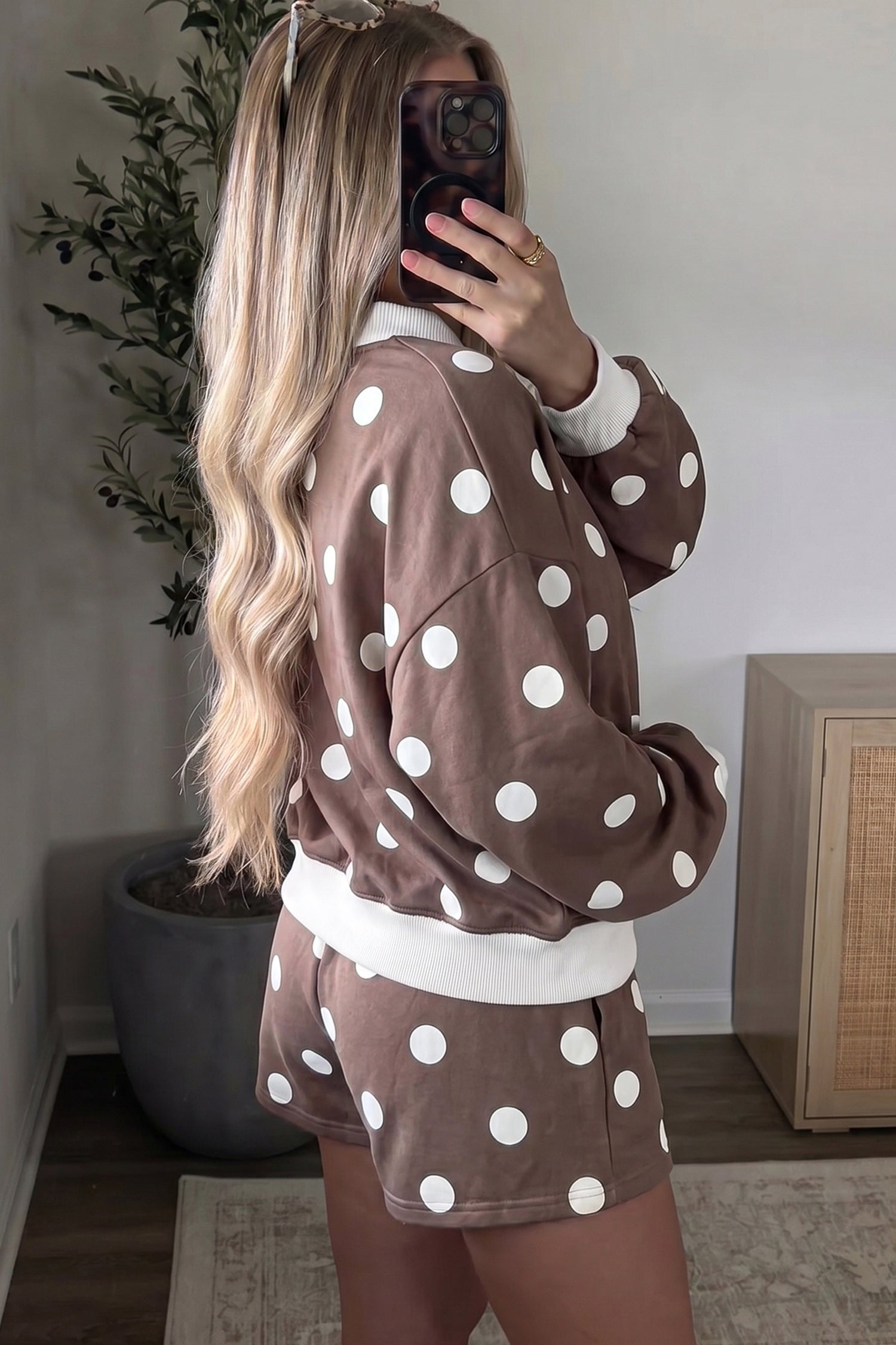 Brown polka dot lounge set, side view on model