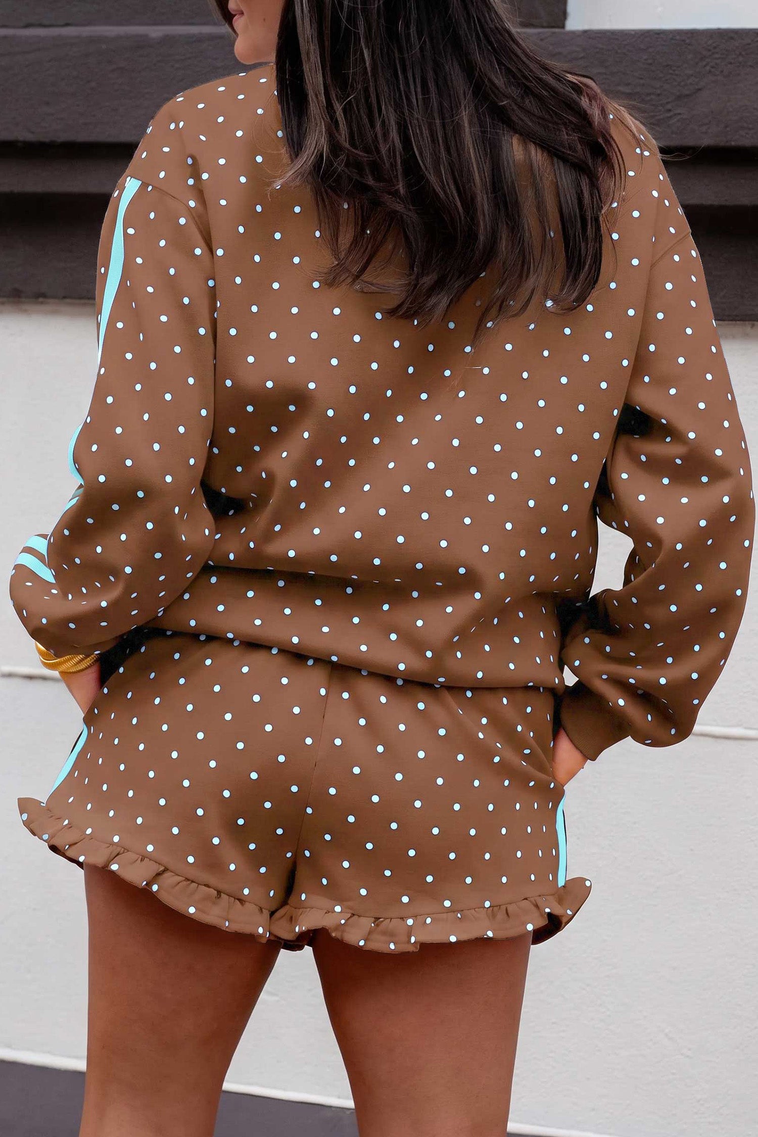 Brown polka dot sweatshirt and shorts set, back view