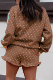 Brown polka dot sweatshirt and shorts set, back view