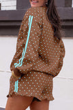 Brown polka dot set, side view showing mint and white sleeve stripes