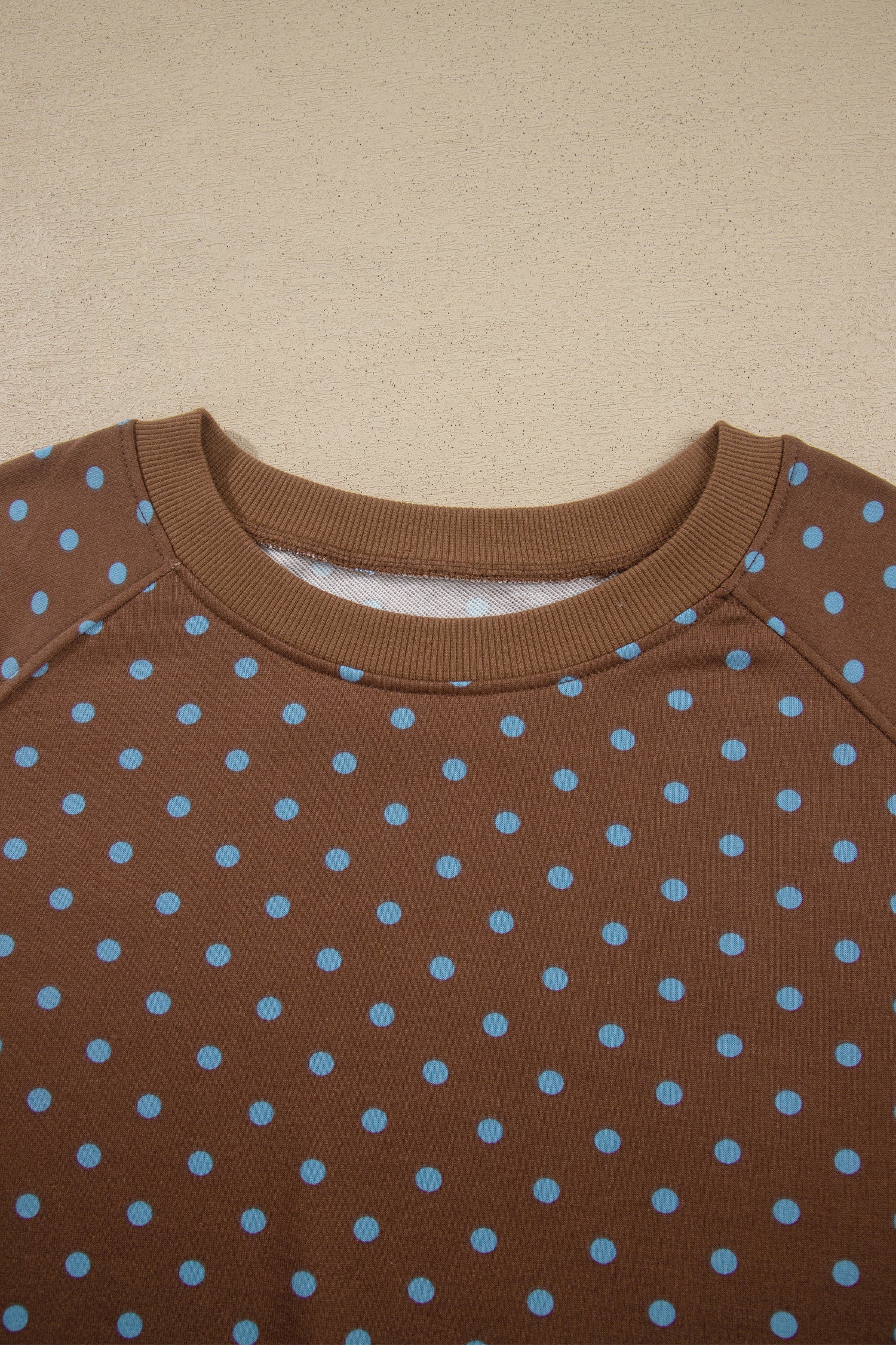 Close up of the brown polka dot top with ribbed crew neck