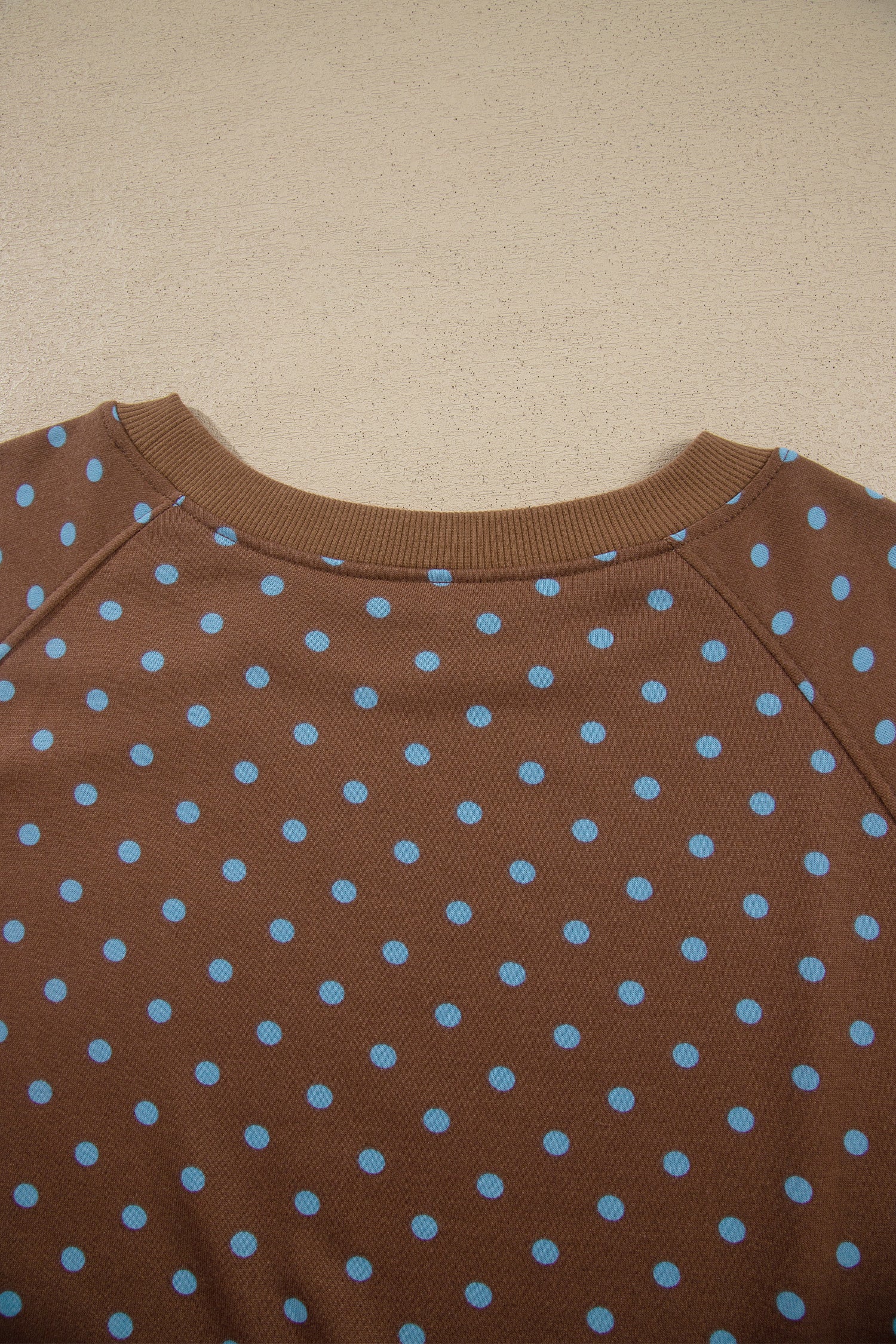 Brown polka dot top with ribbed crew neck and raglan seams