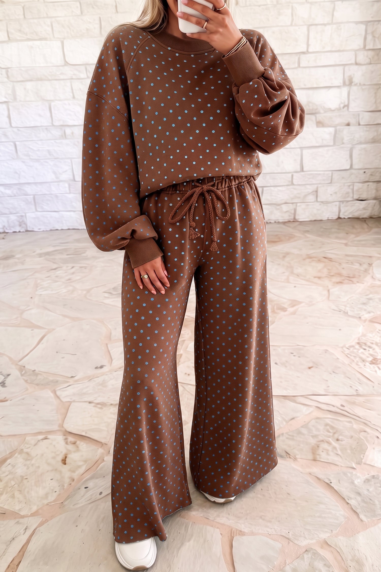 Brown polka dot top and drawstring wide leg pant set