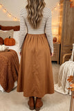 Back view of a striped bodice brown flared maxi dress