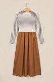 Brown stripe ribbed knit bodice maxi dress on a hanger, back view