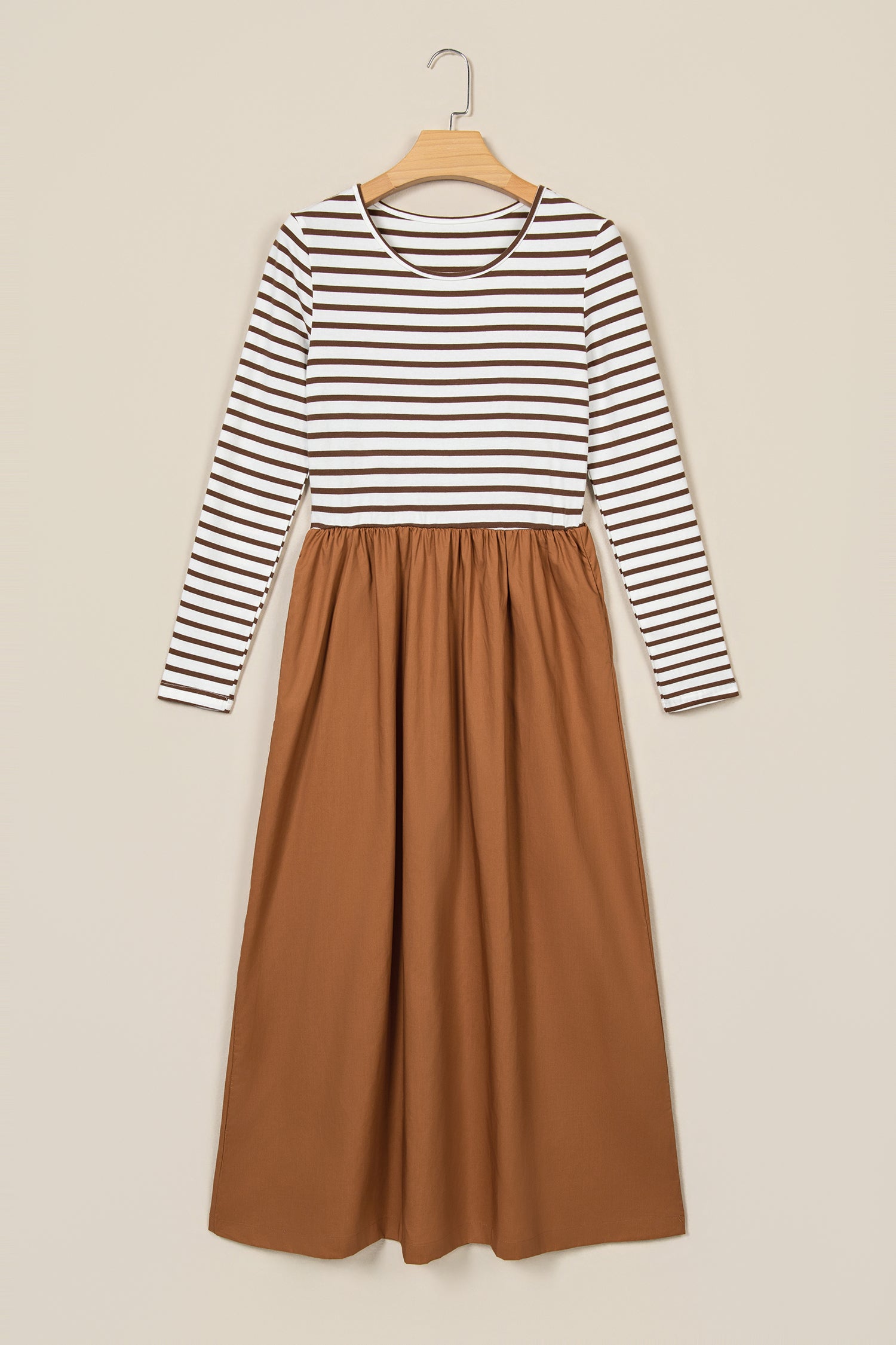 Brown stripe ribbed knit bodice maxi dress on a hanger, front view