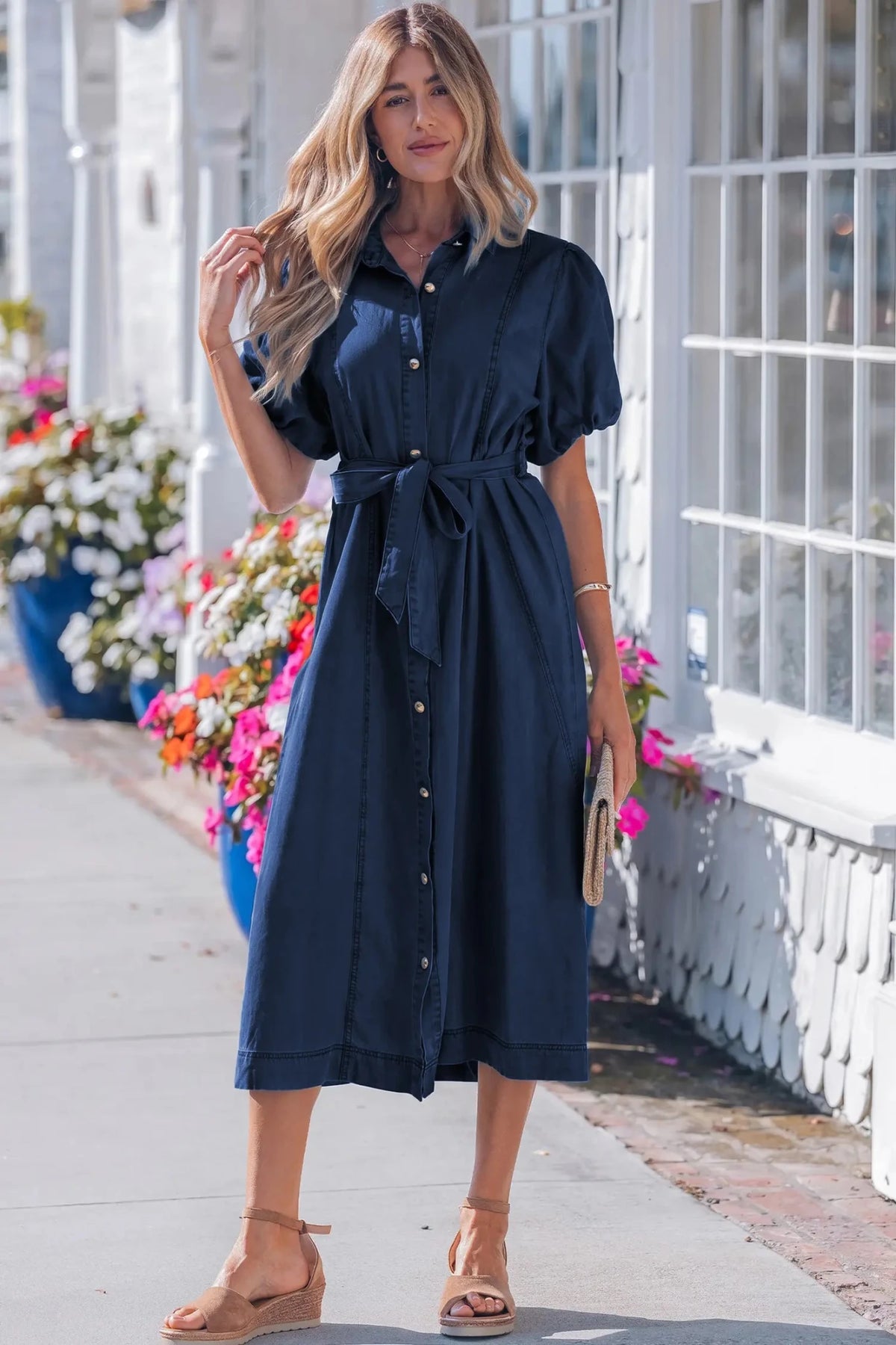 Button Through Belted Denim Midi Shirt Dress | Zarnesh