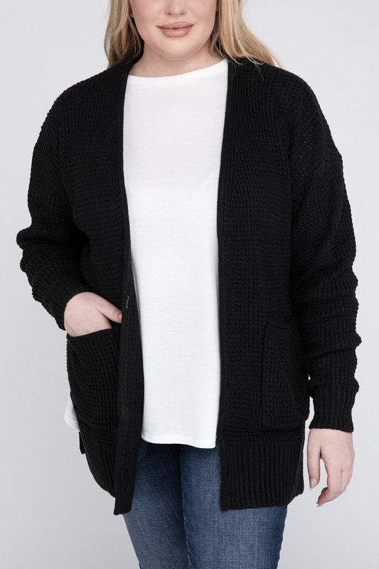 Women Plus Low Gauge Waffle Open Cardigan Sweater | Zarnesh