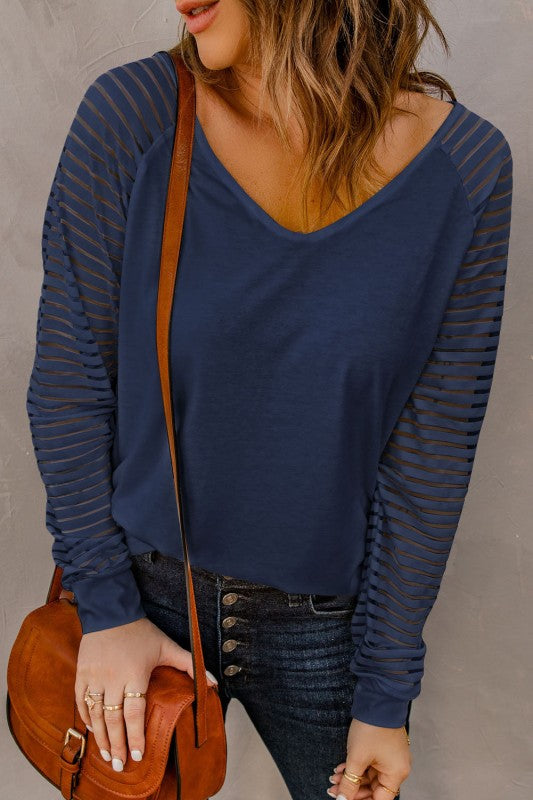 Women’s Fiona Sheer Stripe Long Sleeve V Neck Top | Zarnesh