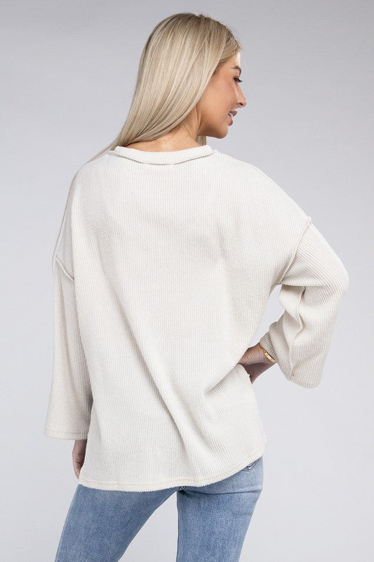 Women Ribbed Brushed Melange Hacci Henley Sweater | Zarnesh