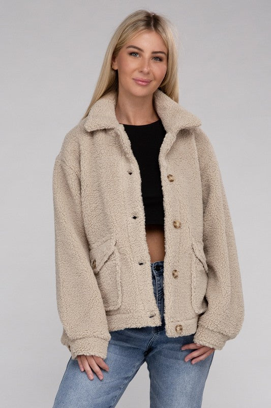 Women Cozy Long Sleeve Sherpa Button-Front Jacket | Zarnesh