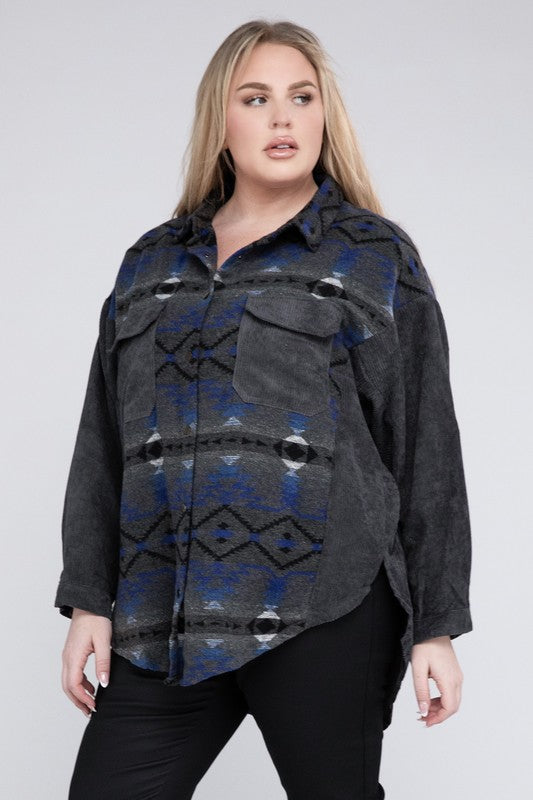 Women Plus Printed Button Down Long Sleeve Jacket | Zarnesh