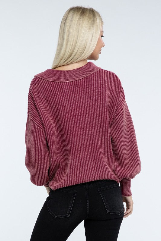 Women’s Washed Collared Henley Sweater | Zarnesh