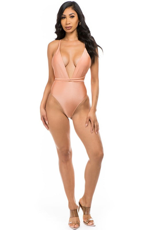 Women Halter Neck Crisscross Straps One Piece Bathing Suit Zarnesh