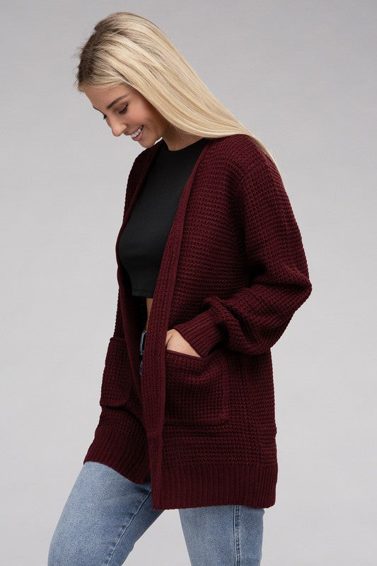 Women Low Gauge Waffle Open Cardigan Sweater | Zarnesh