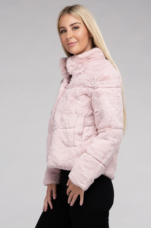 Women Fluffy Zip-Up Functional Pockets Sweater Jacket | Zarnesh