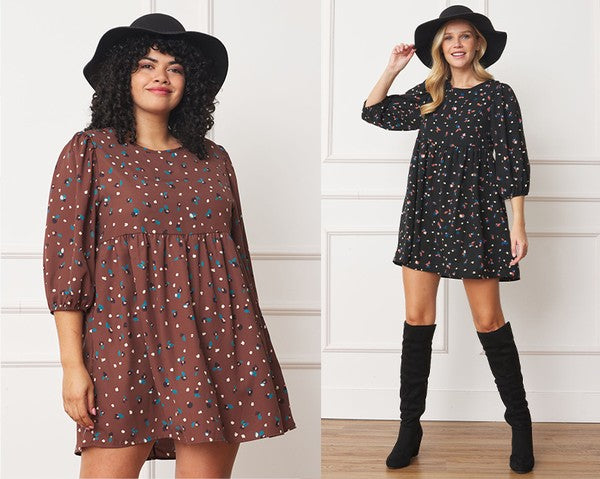Women Abstract Polka Dot Bishop Sleeve Mini Baby Doll Dress Zarnesh