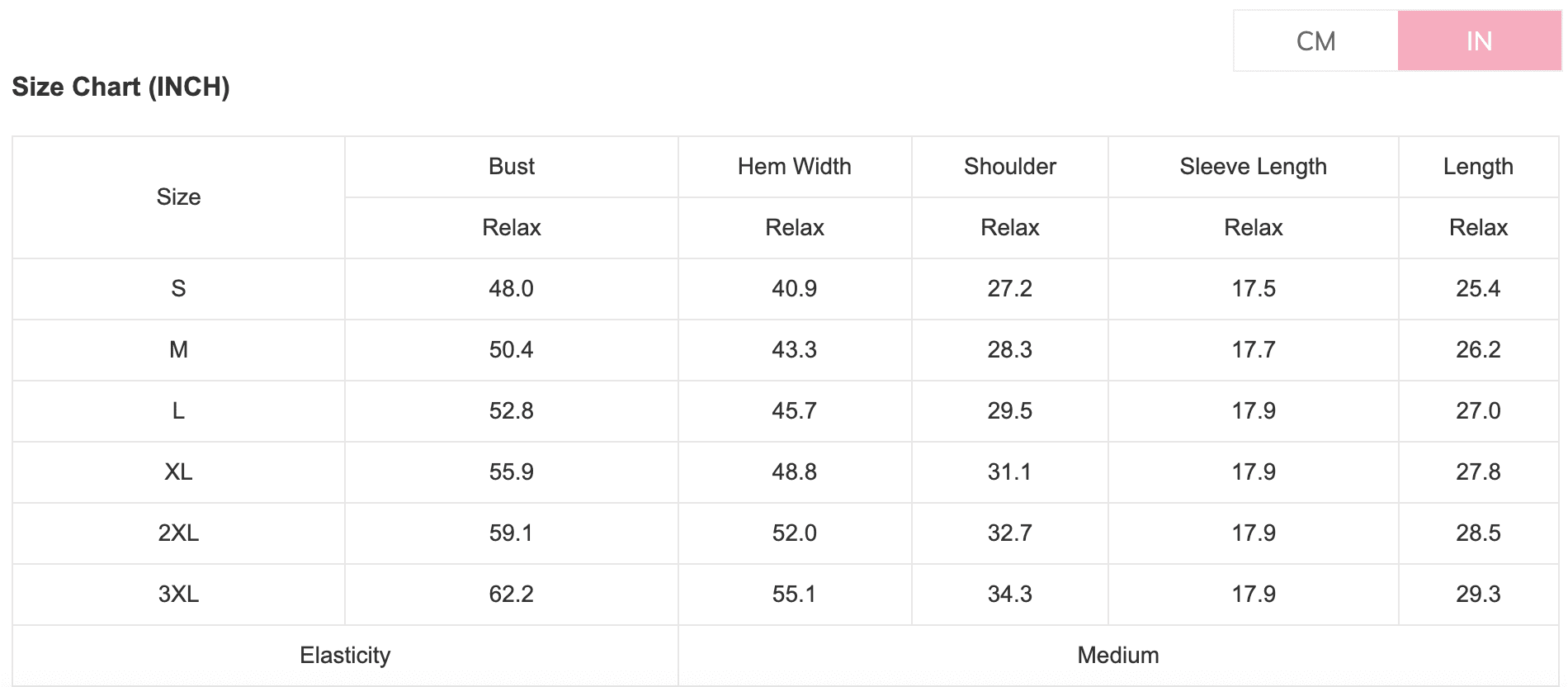 Size chart for clothing measurements in inches and centimeters
