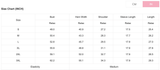 Size chart for clothing measurements in inches and centimeters