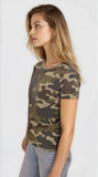 Woman wearing a camouflage t-shirt on a white background