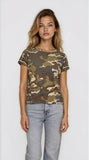Woman wearing a camouflage t-shirt and light blue jeans on a white background