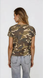 Person wearing a camouflage t-shirt and light blue jeans on a white background