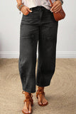 Carbon grey barrel leg patchwork jeans with lace-up sandals, front view