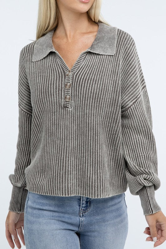 Women’s Washed Collared Henley Sweater | Zarnesh