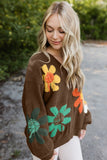 Women Flower Pattern V Neck Drop Loose Fit Shoulder Sweater Zarnesh