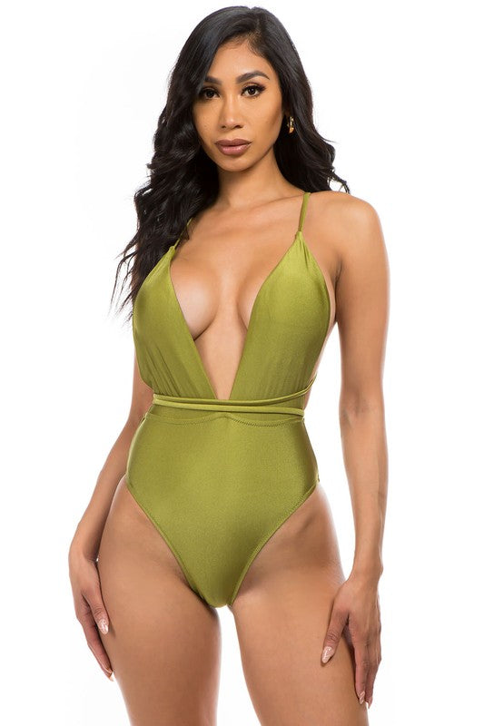 Women Halter Neck Crisscross Straps One Piece Bathing Suit Zarnesh