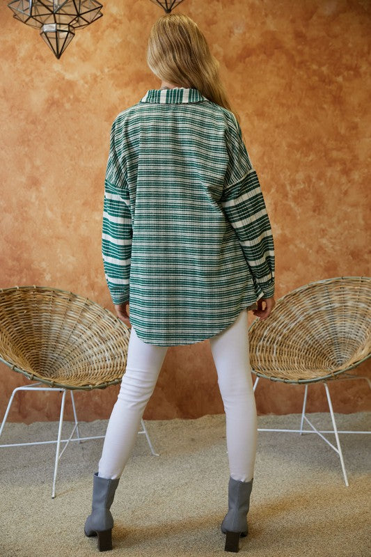 Women Stripe Collar Chest Pockets Button Down Long Sleeve Shacket Zarnesh