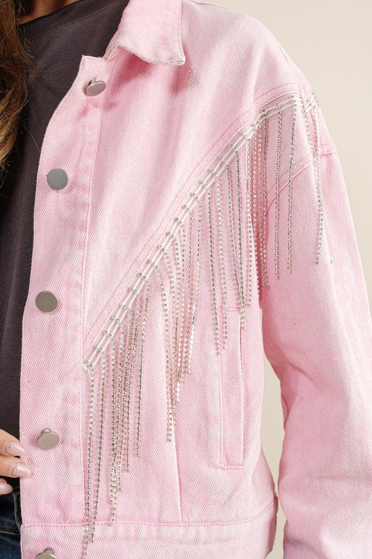 Women Crop Denim Jacket With Rhinestone Fringe | Zarnesh