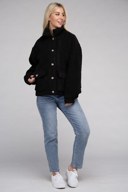 Women Cozy Long Sleeve Sherpa Button-Front Jacket | Zarnesh