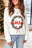 White Christmas Wreath Pattern Round Neck Casual Sweater