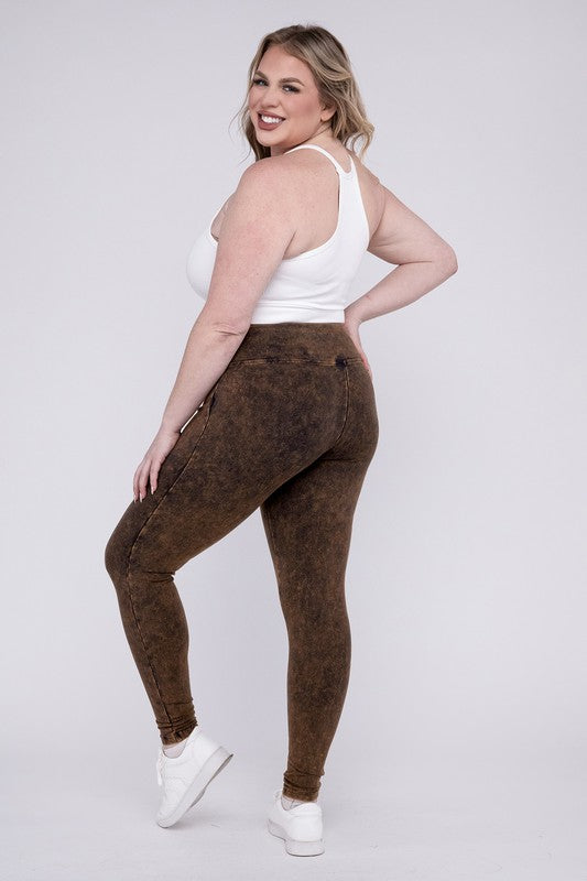 Women Plus Mineral Washed Wide Waistband Fitted Yoga Leggings Zarnesh