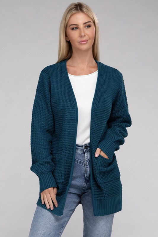 Women Low Gauge Waffle Open Cardigan Sweater | Zarnesh
