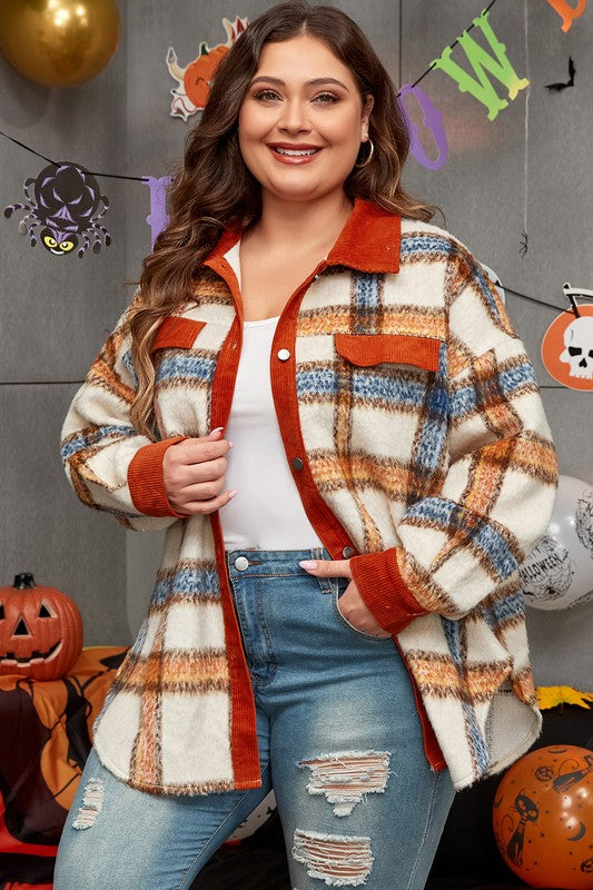 Women Plus Size Plaid Collared Buttoned Jacket | Zarnesh