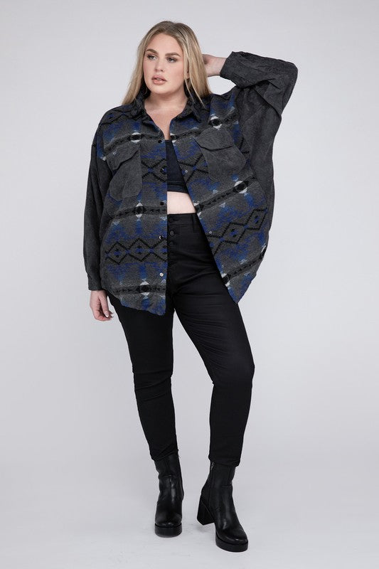 Women Plus Printed Button Down Long Sleeve Jacket | Zarnesh