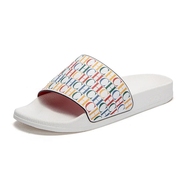 White slide sandal with multicolor logo on a white background
