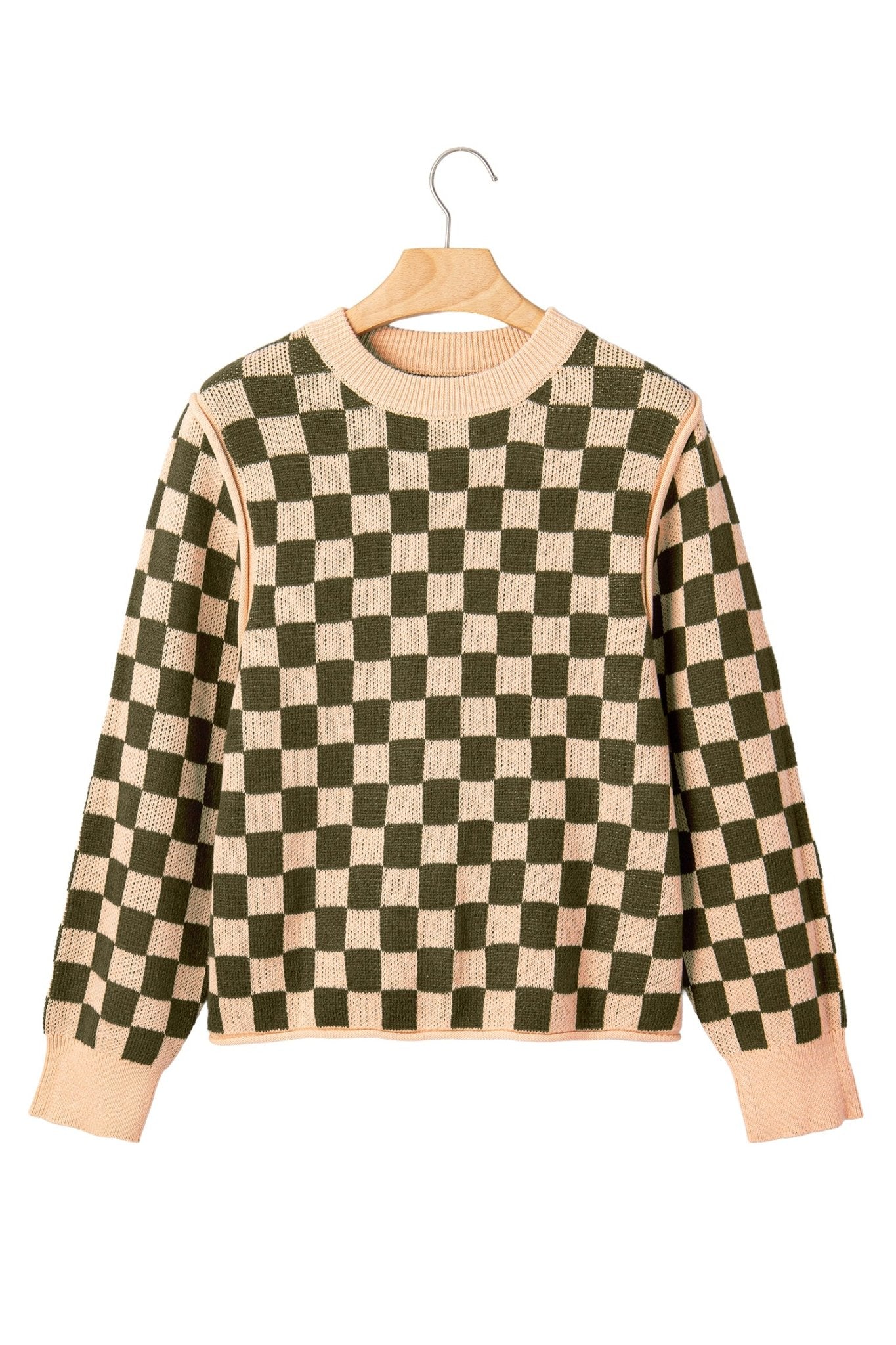 Long-sleeve green and beige checkerboard knit sweater with solid beige ribbed crew neck, cuffs, and hem.