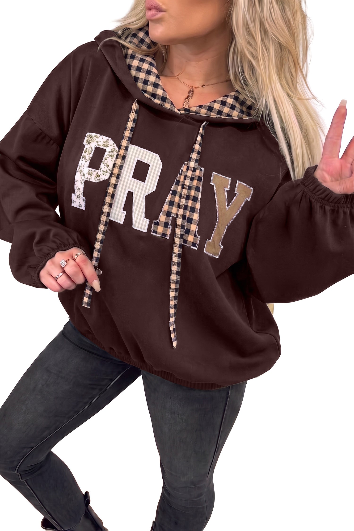 Women's brown PRAY hoodie with mixed pattern letters and contrast drawstrings