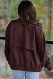 Back view of chicory coffee suede look bomber jacket with yoke seam and ribbed hem