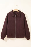 Chicory coffee collared bomber jacket with metal zip and side pockets on a hanger